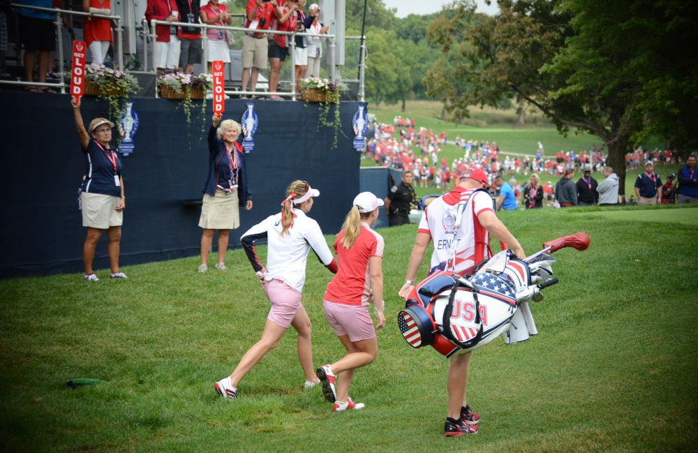 Off and running ... Paula Creamer and Austin Ernst on Day One of the 2017 Solheim Cup