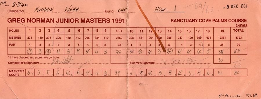 Karrie Webb's round one scorecard from the 1991 Greg Norman Junior Masters
