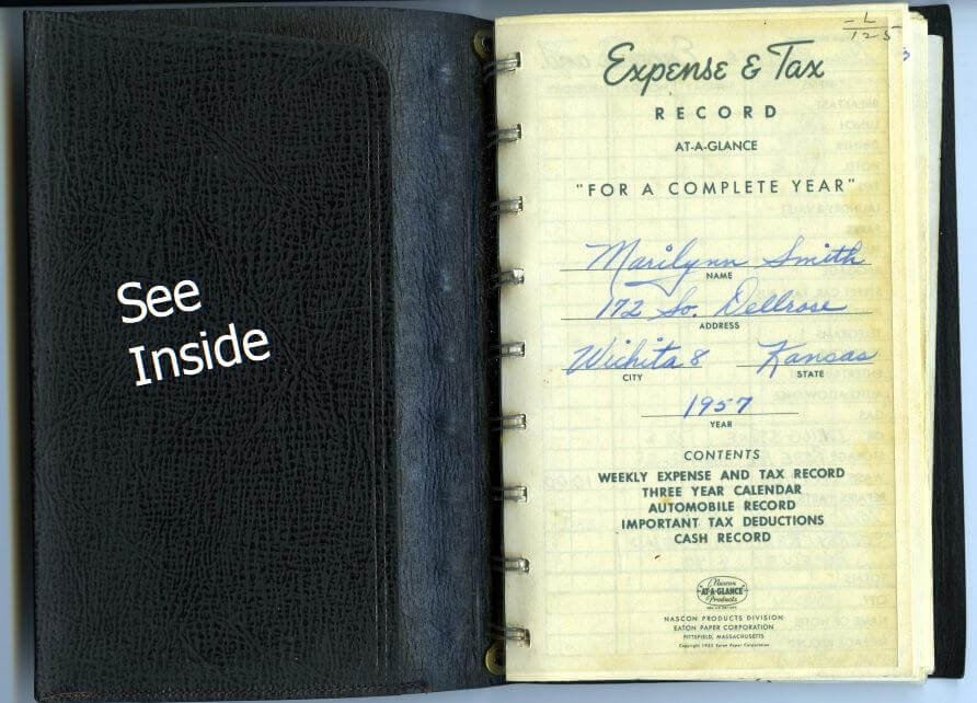 This leather-bound Expense & Tax Record logbook was used by Marilynn Smith to keep meticulous track of all her travel expenses during the 1957 LPGA season. (Click to see inside)